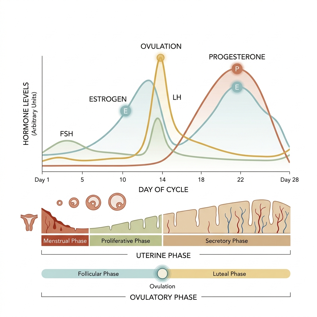 Diagram showing the Ovulatory and Uterine hormonal cycles